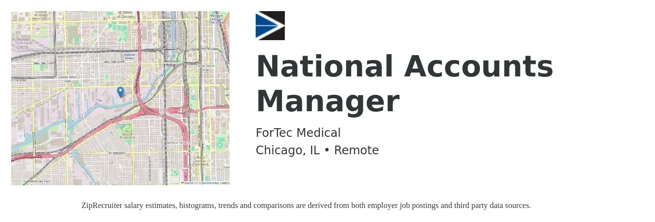 ForTec Medical job posting for a National Accounts Manager in Chicago, IL with a salary of $99,900 to $128,800 Yearly with a map of Chicago location.