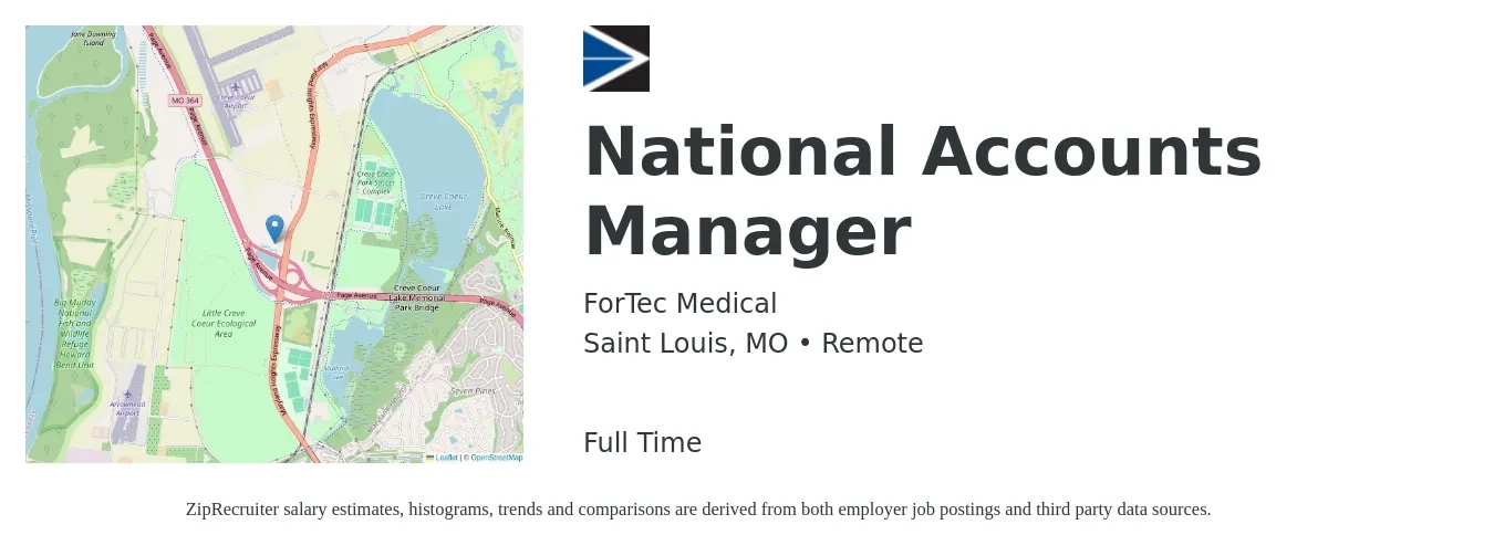ForTec Medical job posting for a National Accounts Manager in Saint Louis, MO with a salary of $94,300 to $121,500 Yearly with a map of Saint Louis location.