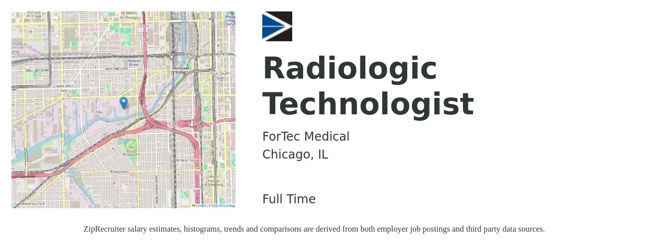 ForTec Medical job posting for a Radiologic Technologist in Chicago, IL with a salary of $5,000 Weekly with a map of Chicago location.