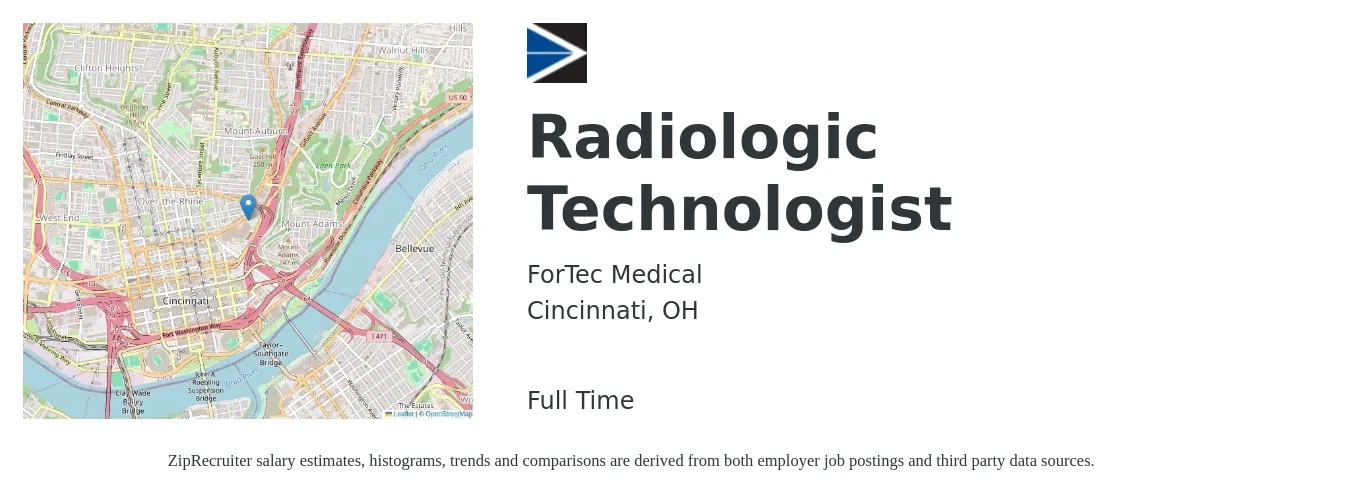ForTec Medical job posting for a Radiologic Technologist in Cincinnati, OH with a salary of $1,150 to $2,390 Weekly with a map of Cincinnati location.