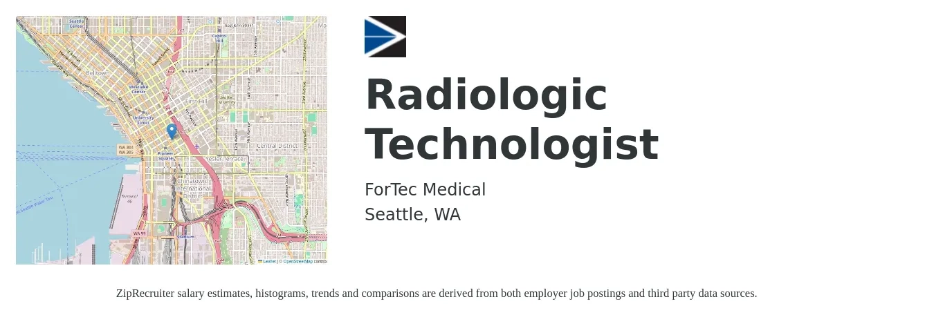 ForTec Medical job posting for a Radiologic Technologist in Seattle, WA with a salary of $1,370 to $2,830 Weekly with a map of Seattle location.
