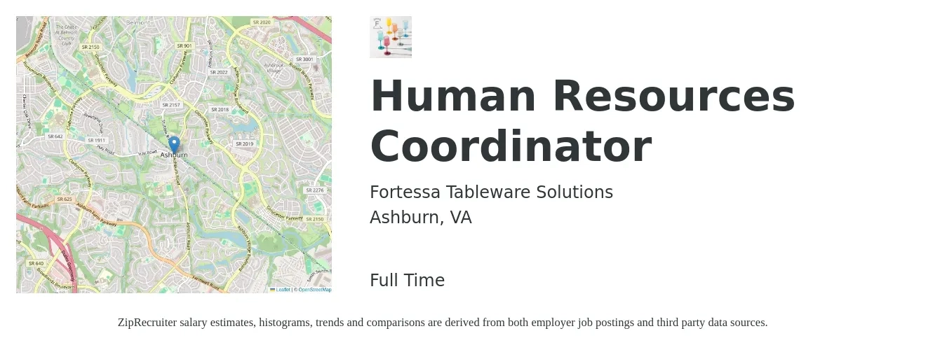Fortessa Tableware Solutions job posting for a Human Resources Coordinator in Ashburn, VA with a salary of $22 to $28 Hourly with a map of Ashburn location.