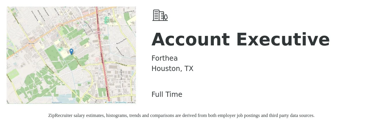 Forthea job posting for a Account Executive in Houston, TX with a salary of $51,600 to $90,700 Yearly with a map of Houston location.