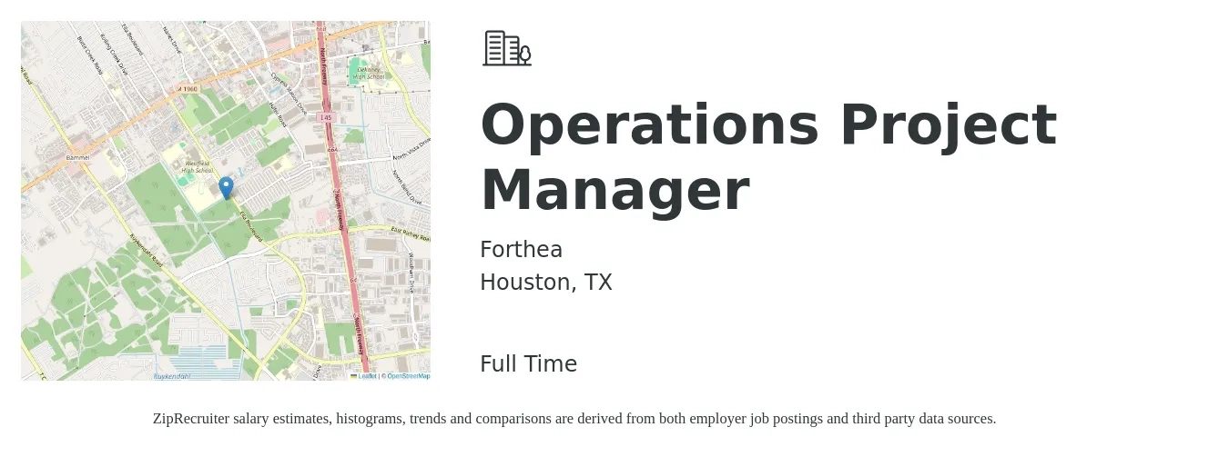 Forthea job posting for a Operations Project Manager in Houston, TX with a salary of $71,600 to $104,100 Yearly with a map of Houston location.