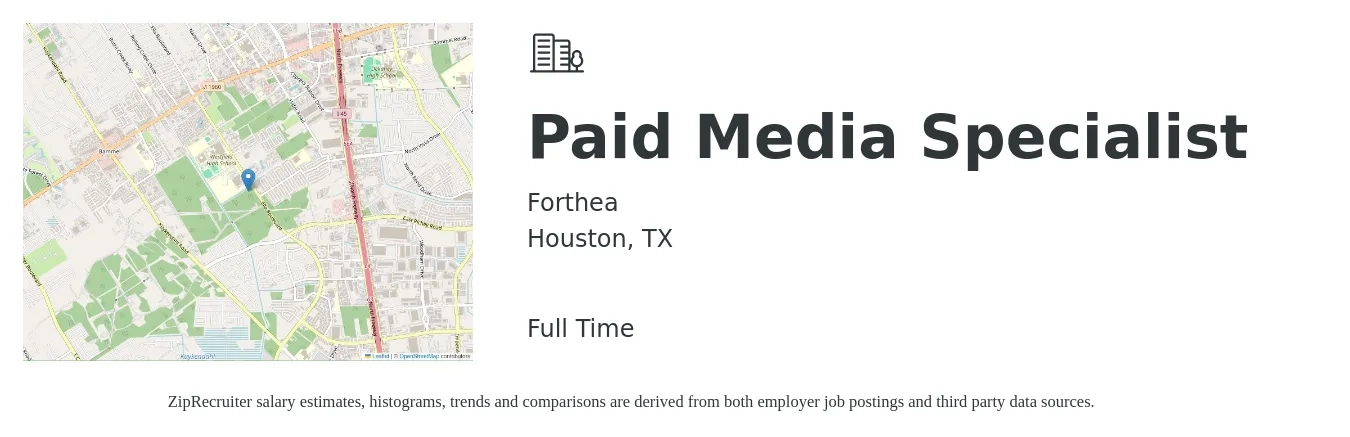 Forthea job posting for a Paid Media Specialist in Houston, TX with a salary of $41,100 to $69,200 Yearly with a map of Houston location.