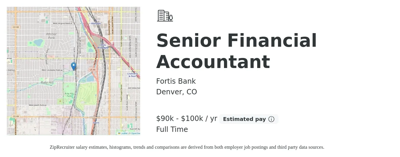 Fortis Bank job posting for a Senior Financial Accountant in Denver, CO with a salary of $90,000 to $100,000 Yearly with a map of Denver location.