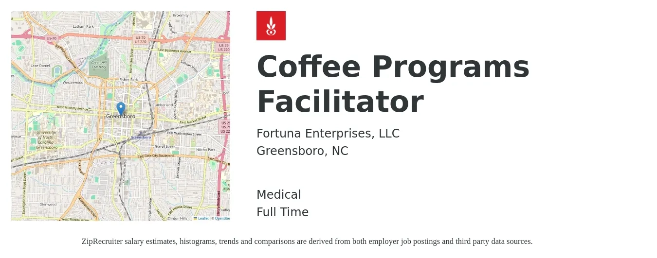 Fortuna Enterprises, LLC job posting for a Coffee Programs Facilitator in Greensboro, NC with a salary of $17 to $27 Hourly and benefits including medical with a map of Greensboro location.