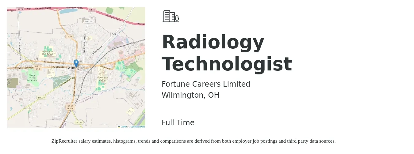 Fortune Careers Limited job posting for a Radiology Technologist in Wilmington, OH with a salary of $1,070 to $2,220 Weekly with a map of Wilmington location.