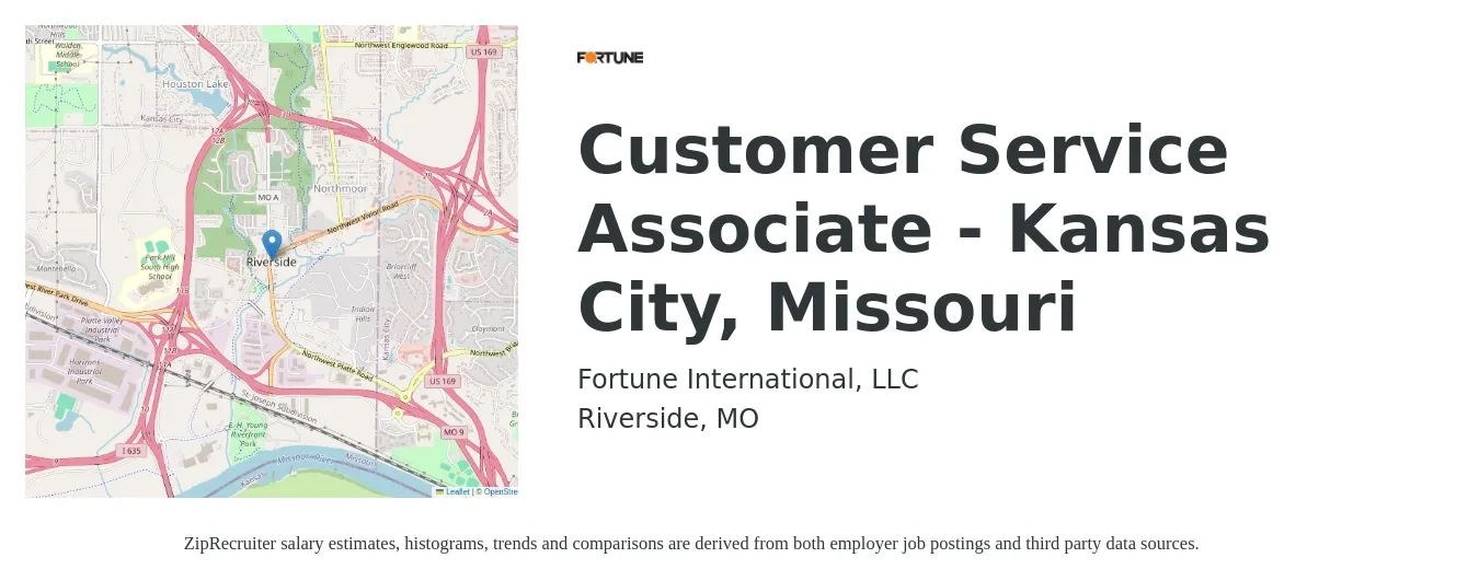 Fortune International, LLC job posting for a Customer Service Associate - Kansas City, Missouri in Riverside, MO with a salary of $14 to $19 Hourly with a map of Riverside location.