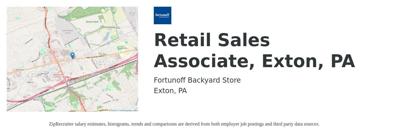 Fortunoff Backyard Store job posting for a Retail Sales Associate, Exton, PA in Exton, PA with a salary of $14 to $17 Hourly with a map of Exton location.