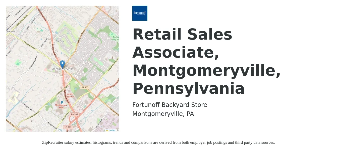 Fortunoff Backyard Store job posting for a Retail Sales Associate, Montgomeryville, Pennsylvania in Montgomeryville, PA with a salary of $52,000 to $65,000 Yearly with a map of Montgomeryville location.