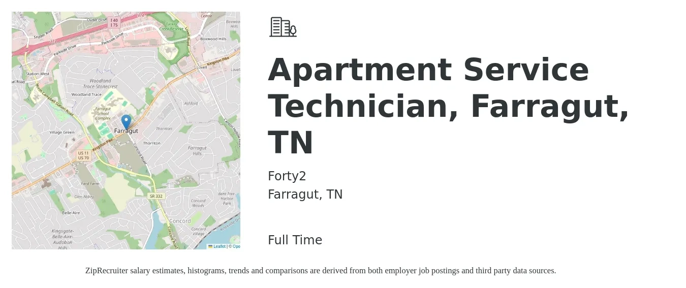 Forty2 job posting for a Apartment Service Technician, Farragut, TN in Farragut, TN with a salary of $16 to $20 Hourly with a map of Farragut location.