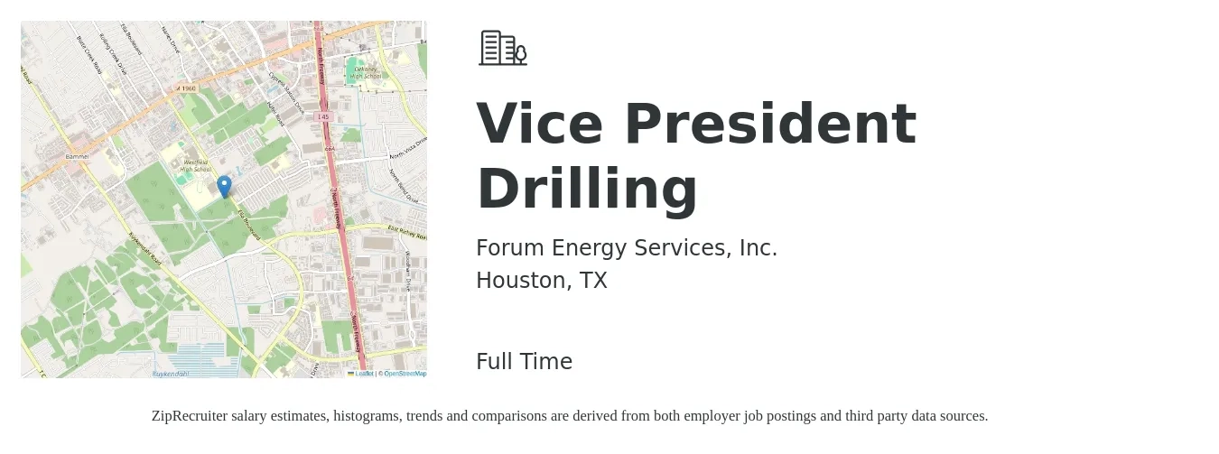 Forum Energy Services, Inc. job posting for a Vice President Drilling in Houston, TX with a salary of $110,200 to $176,600 Yearly with a map of Houston location.