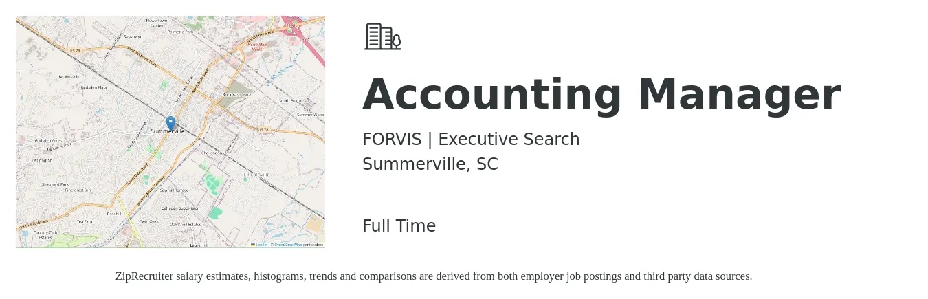 FORVIS | Executive Search job posting for a Accounting Manager in Summerville, SC with a salary of $70,000 to $100,500 Yearly with a map of Summerville location.