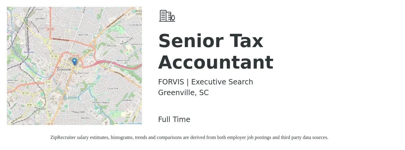 FORVIS | Executive Search job posting for a Senior Tax Accountant in Greenville, SC with a salary of $72,900 to $93,400 Yearly with a map of Greenville location.