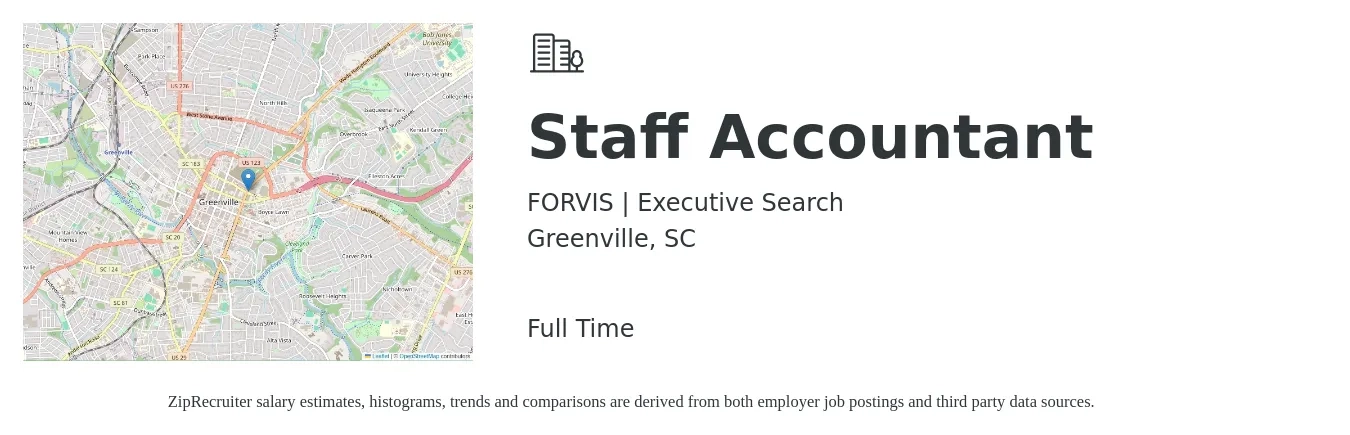 FORVIS | Executive Search job posting for a Staff Accountant in Greenville, SC with a salary of $48,900 to $64,500 Yearly with a map of Greenville location.