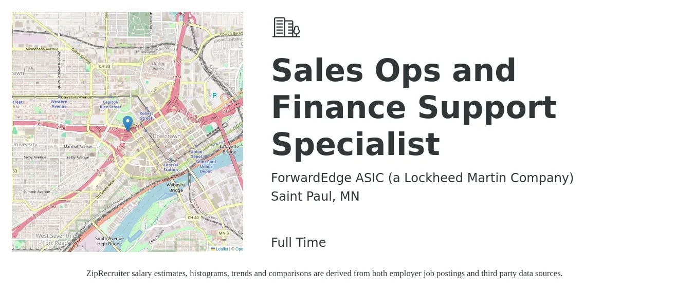 ForwardEdge ASIC (a Lockheed Martin Company) job posting for a Sales Ops and Finance Support Specialist in Saint Paul, MN with a salary of $23 to $31 Hourly with a map of Saint Paul location.