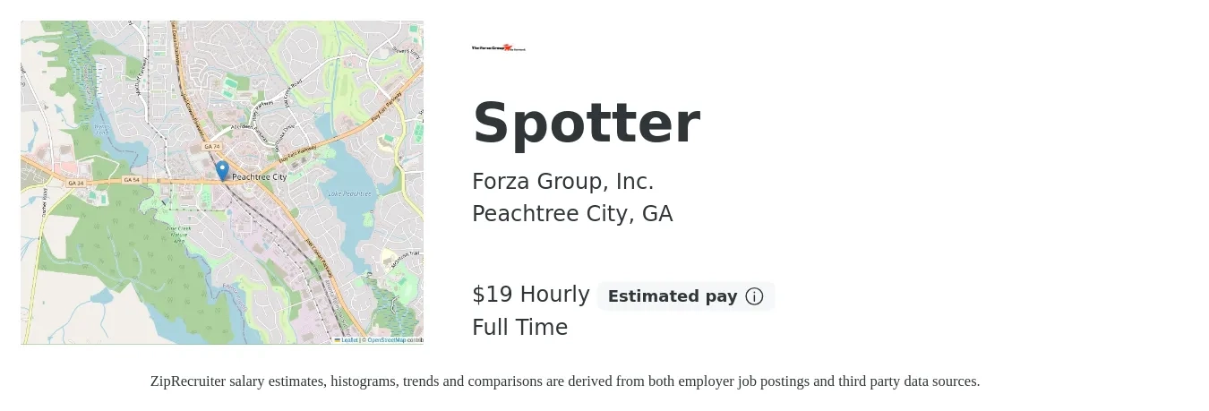 Forza Group, Inc. job posting for a Spotter in Peachtree City, GA with a salary of $20 Hourly with a map of Peachtree City location.