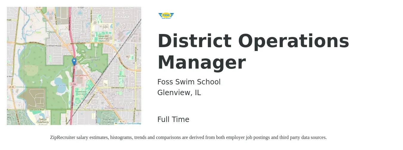 Foss Swim School job posting for a District Operations Manager in Glenview, IL with a salary of $48,800 to $90,300 Yearly with a map of Glenview location.