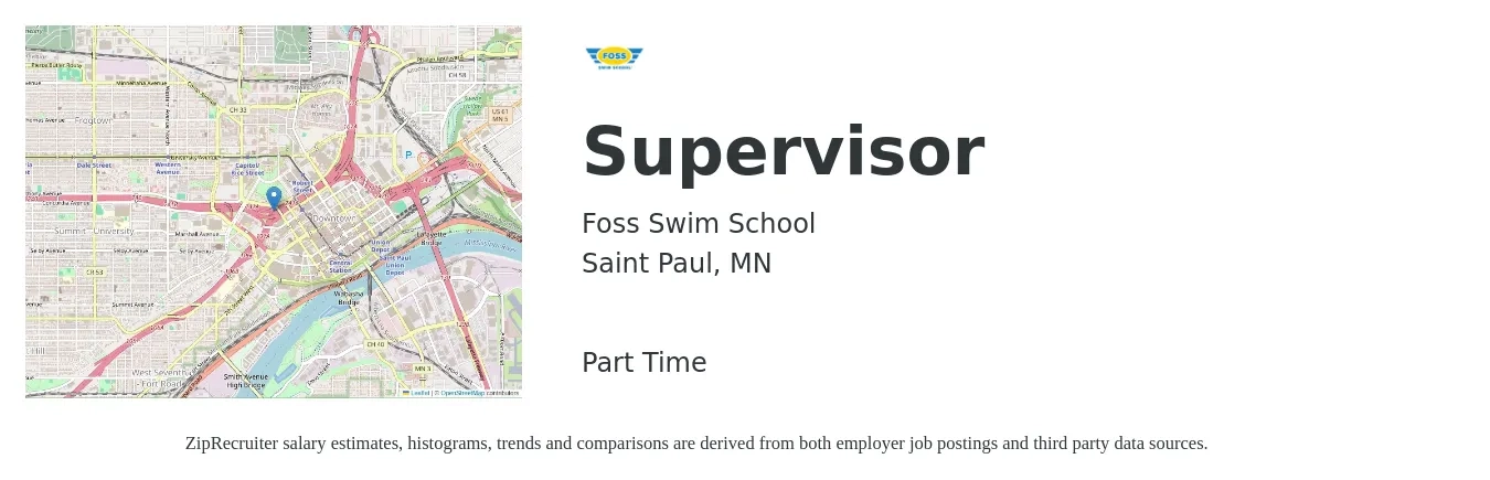 Foss Swim School job posting for a Supervisor in Saint Paul, MN with a salary of $18 to $24 Hourly with a map of Saint Paul location.