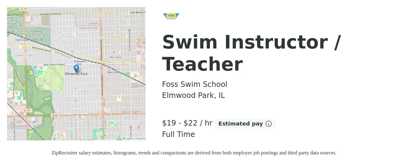 Foss Swim School job posting for a Swim Instructor / Teacher in Elmwood Park, IL with a salary of $20 to $23 Hourly with a map of Elmwood Park location.