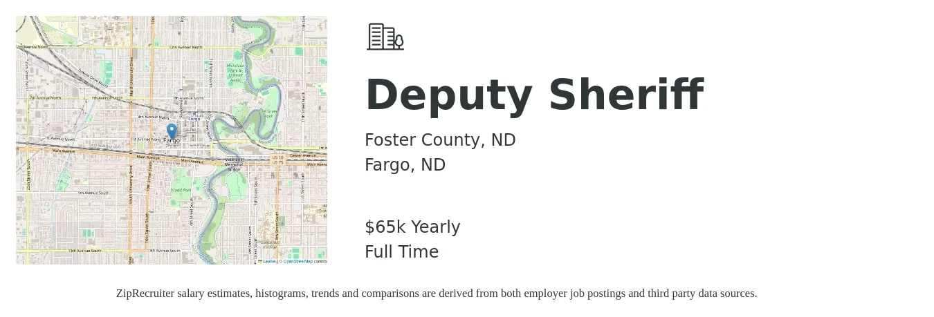 Foster County, ND job posting for a Deputy Sheriff in Fargo, ND with a salary of $65,000 Yearly with a map of Fargo location.