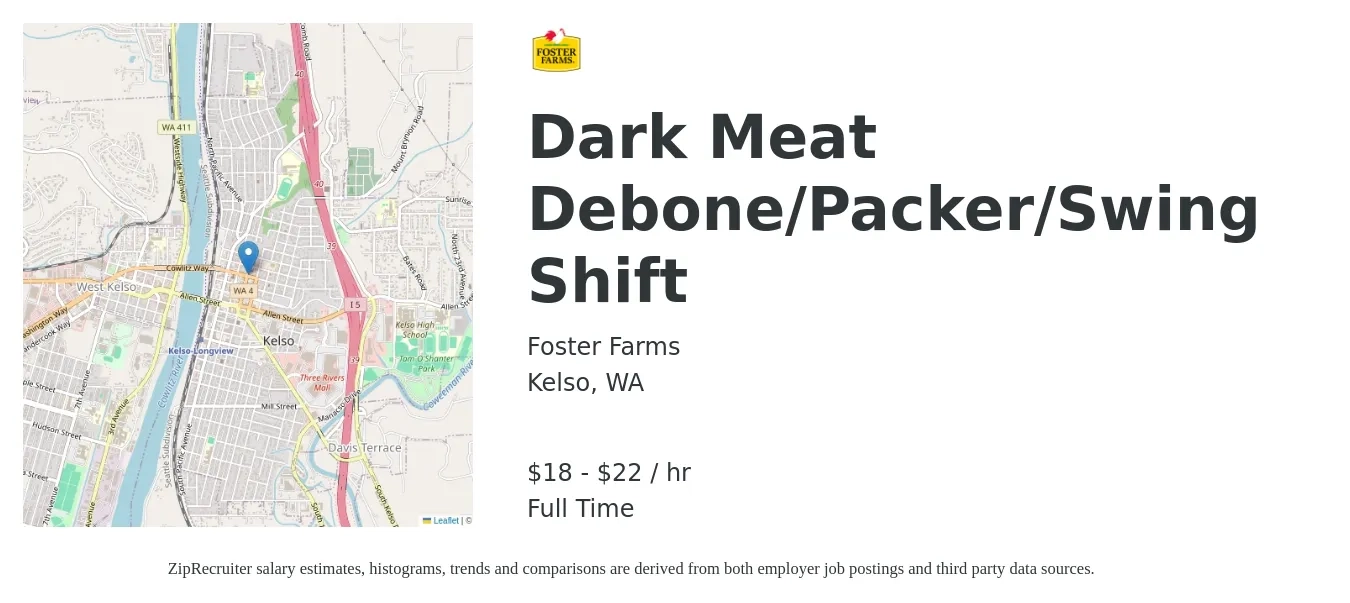 Foster Farms job posting for a Dark Meat Debone/Packer/ Swing Shift in Kelso, WA with a salary of $19 to $24 Hourly with a map of Kelso location.