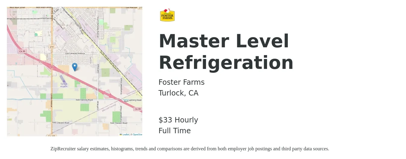 Foster Farms job posting for a Master Level Refrigeration in Turlock, CA with a salary of $35 Hourly with a map of Turlock location.