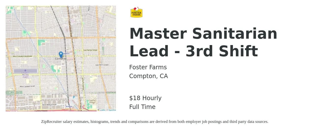 Foster Farms job posting for a Master Sanitarian Lead - 3rd Shift in Compton, CA with a salary of $20 Hourly with a map of Compton location.