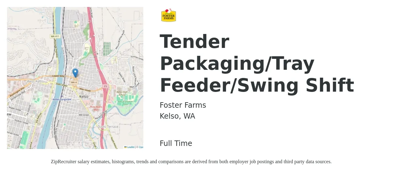 Foster Farms job posting for a Tender Packaging/Tray Feeder/Swing Shift in Kelso, WA with a salary of $19 to $24 Hourly with a map of Kelso location.