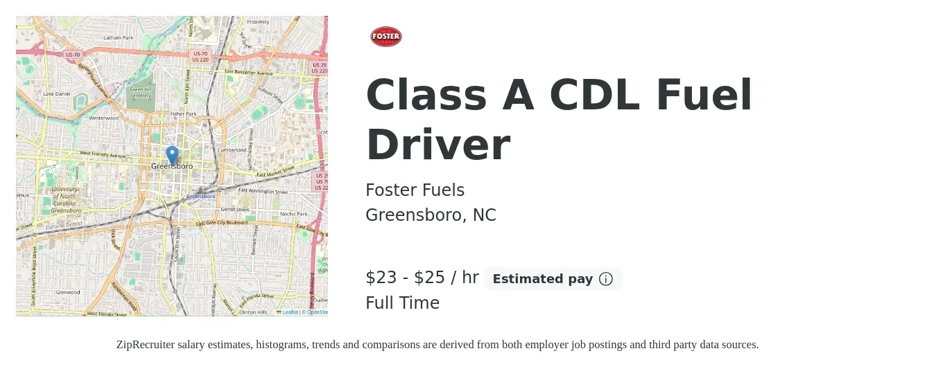 Foster Fuels job posting for a Class A CDL Fuel Driver in Greensboro, NC with a salary of $24 to $27 Hourly with a map of Greensboro location.