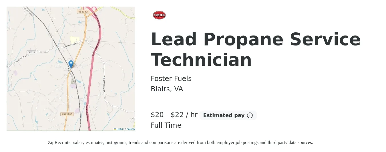 Foster Fuels job posting for a Lead Propane Service Technician in Blairs, VA with a salary of $21 to $23 Hourly with a map of Blairs location.