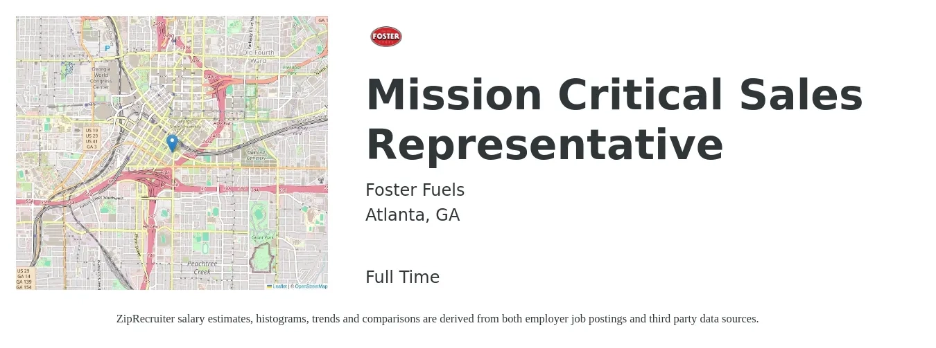 Foster Fuels job posting for a Mission Critical Sales Representative in Atlanta, GA with a salary of $17 to $26 Hourly with a map of Atlanta location.