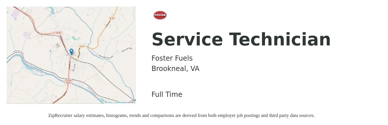 Foster Fuels job posting for a Service Technician in Brookneal, VA with a salary of $18 to $25 Hourly with a map of Brookneal location.