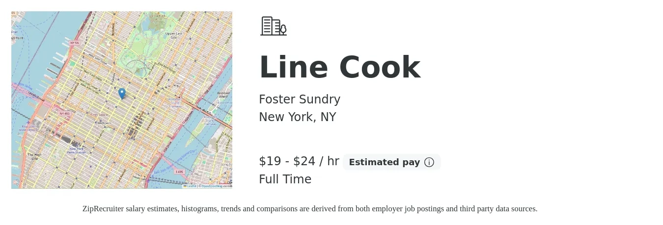 Foster Sundry job posting for a Line Cook in New York, NY with a salary of $20 to $25 Hourly with a map of New York location.