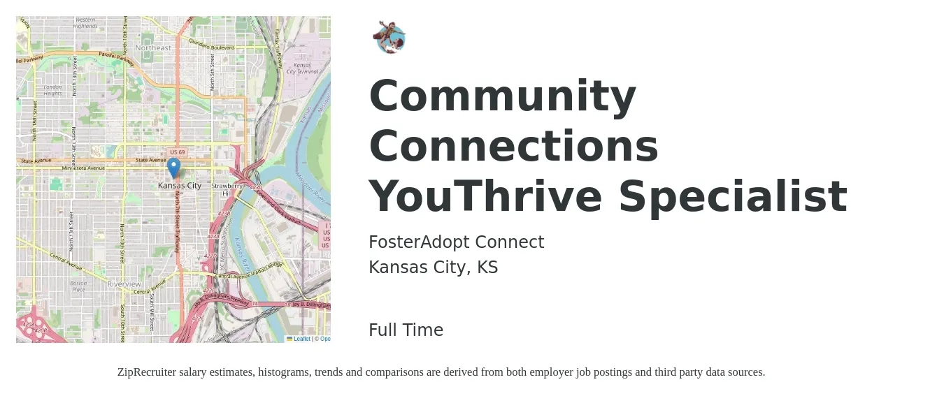 FosterAdopt Connect job posting for a Community Connections YouThrive Specialist in Kansas City, KS with a salary of $43,000 to $45,000 Yearly with a map of Kansas City location.