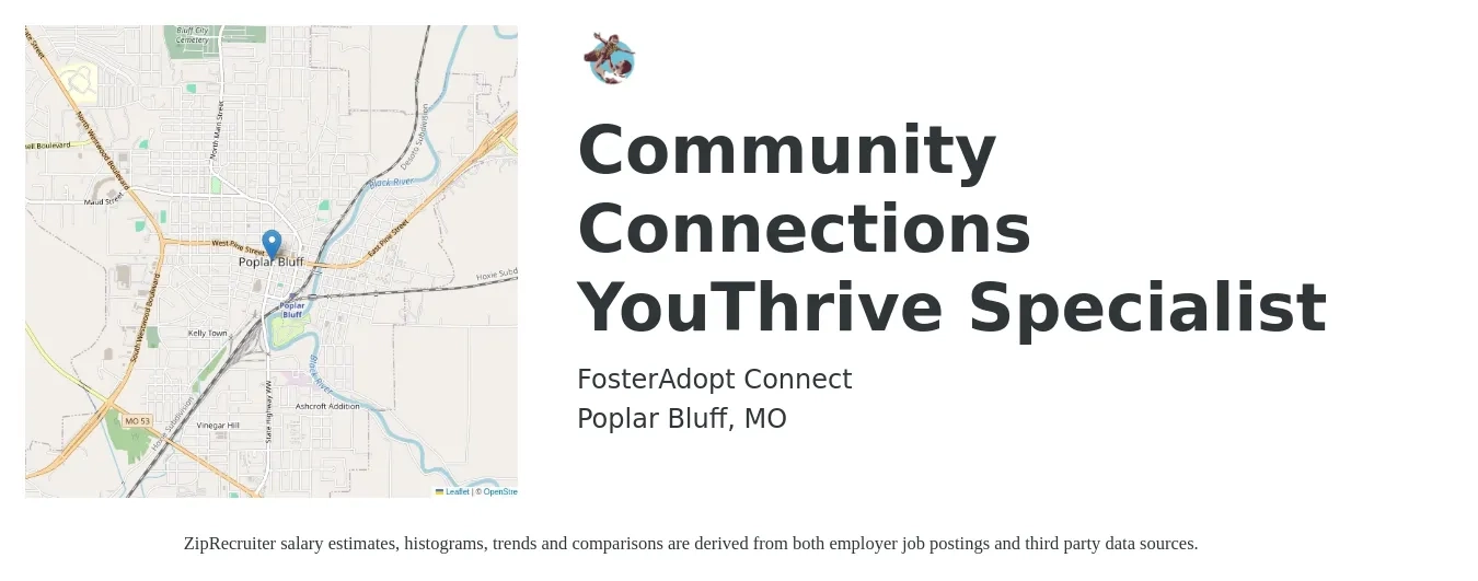 FosterAdopt Connect job posting for a Community Connections YouThrive Specialist in Poplar Bluff, MO with a salary of $40,000 to $43,000 Yearly with a map of Poplar Bluff location.