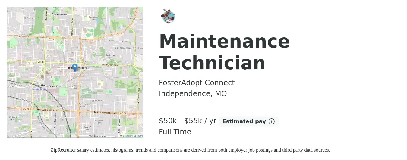 FosterAdopt Connect job posting for a Maintenance Technician in Independence, MO with a salary of $50,000 to $55,000 Yearly with a map of Independence location.