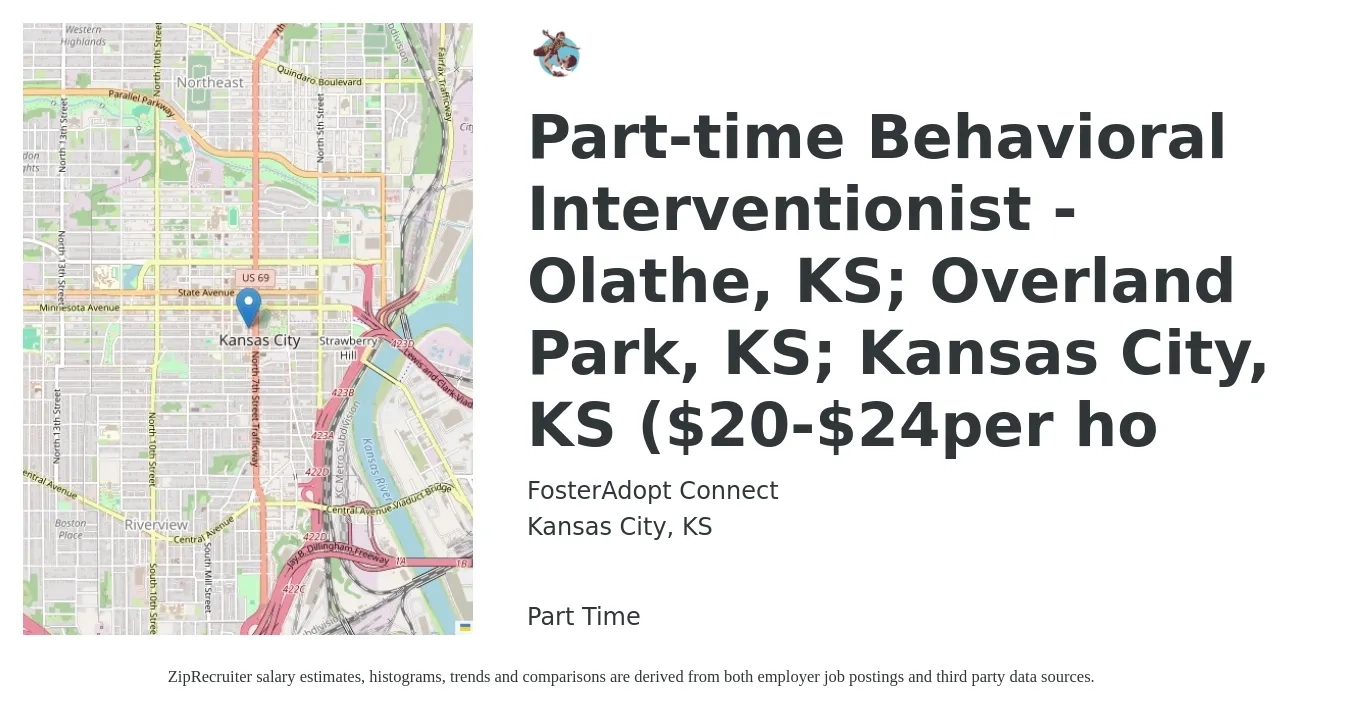 FosterAdopt Connect job posting for a Part-time Behavioral Interventionist - Olathe, KS; Overland Park, KS; Kansas City, KS ($20-$24per ho in Kansas City, KS with a salary of $20 to $24 Hourly with a map of Kansas City location.