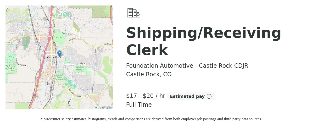 Foundation Automotive - Castle Rock CDJR job posting for a Shipping/Receiving Clerk in Castle Rock, CO with a salary of $18 to $21 Hourly with a map of Castle Rock location.