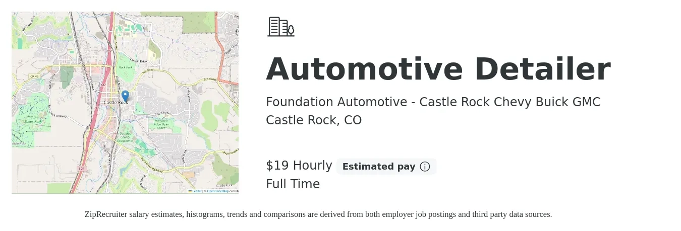 Foundation Automotive - Castle Rock Chevy Buick GMC job posting for a Automotive Detailer in Castle Rock, CO with a salary of $20 Hourly with a map of Castle Rock location.