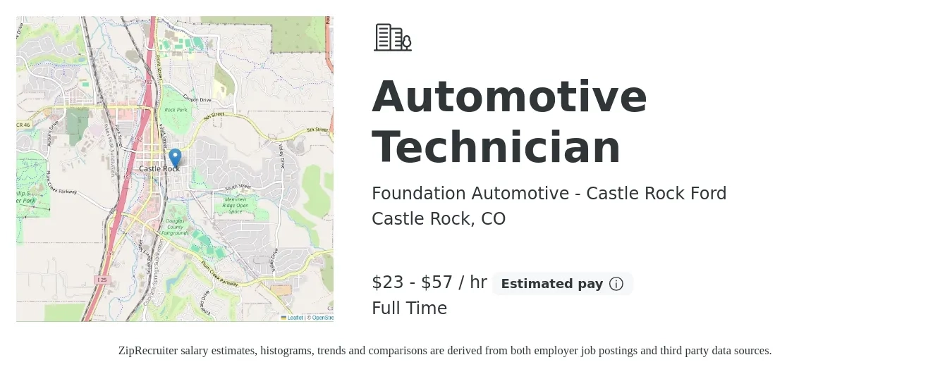 Foundation Automotive - Castle Rock Ford job posting for a Automotive Technician in Castle Rock, CO with a salary of $24 to $60 Hourly with a map of Castle Rock location.