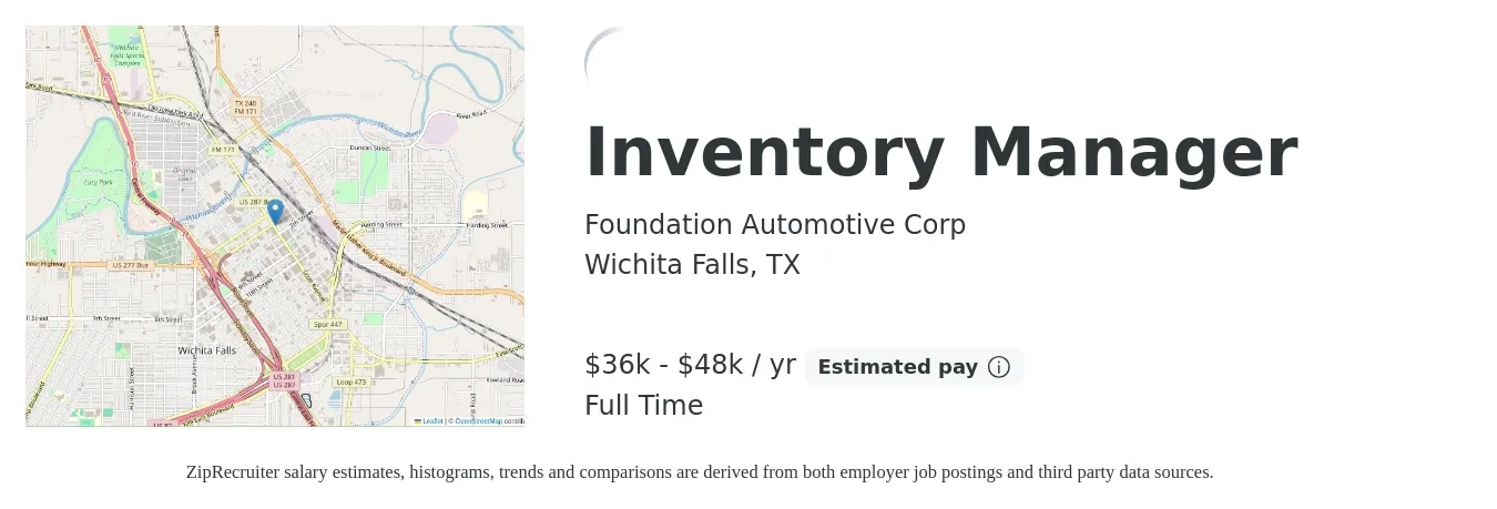 Foundation Automotive Corp job posting for a Inventory Manager in Wichita Falls, TX with a salary of $36,000 to $48,000 Yearly with a map of Wichita Falls location.