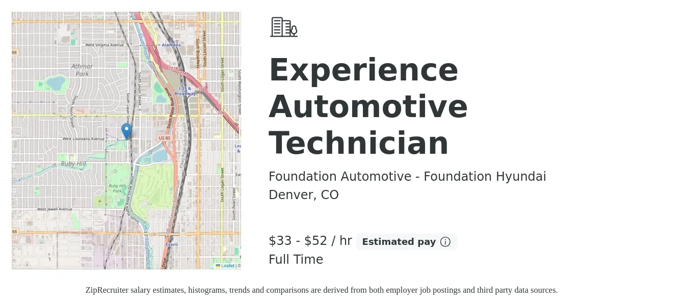 Foundation Automotive - Foundation Hyundai job posting for a Experience Automotive Technician in Denver, CO with a salary of $35 to $55 Hourly with a map of Denver location.
