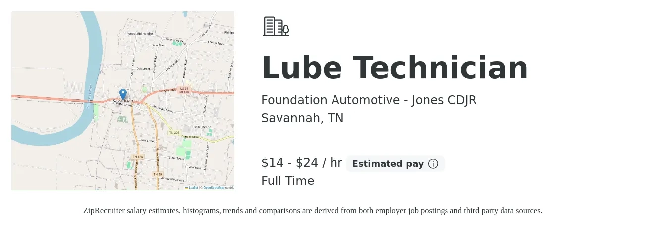 Foundation Automotive - Jones CDJR job posting for a Lube Technician in Savannah, TN with a salary of $15 to $25 Hourly with a map of Savannah location.