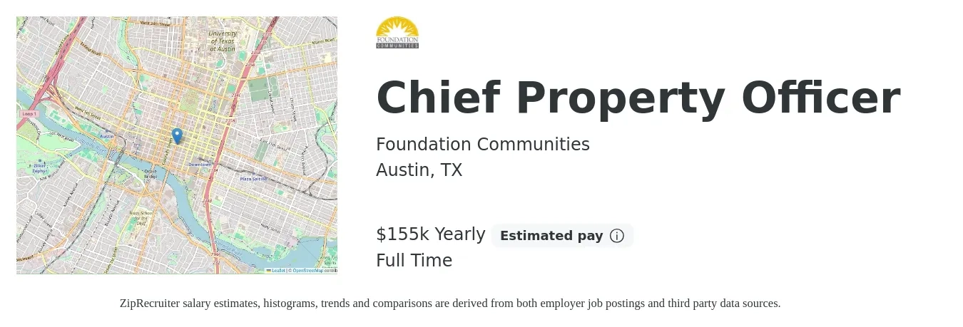 Foundation Communities job posting for a Chief Property Officer in Austin, TX with a salary of $155,000 Yearly with a map of Austin location.