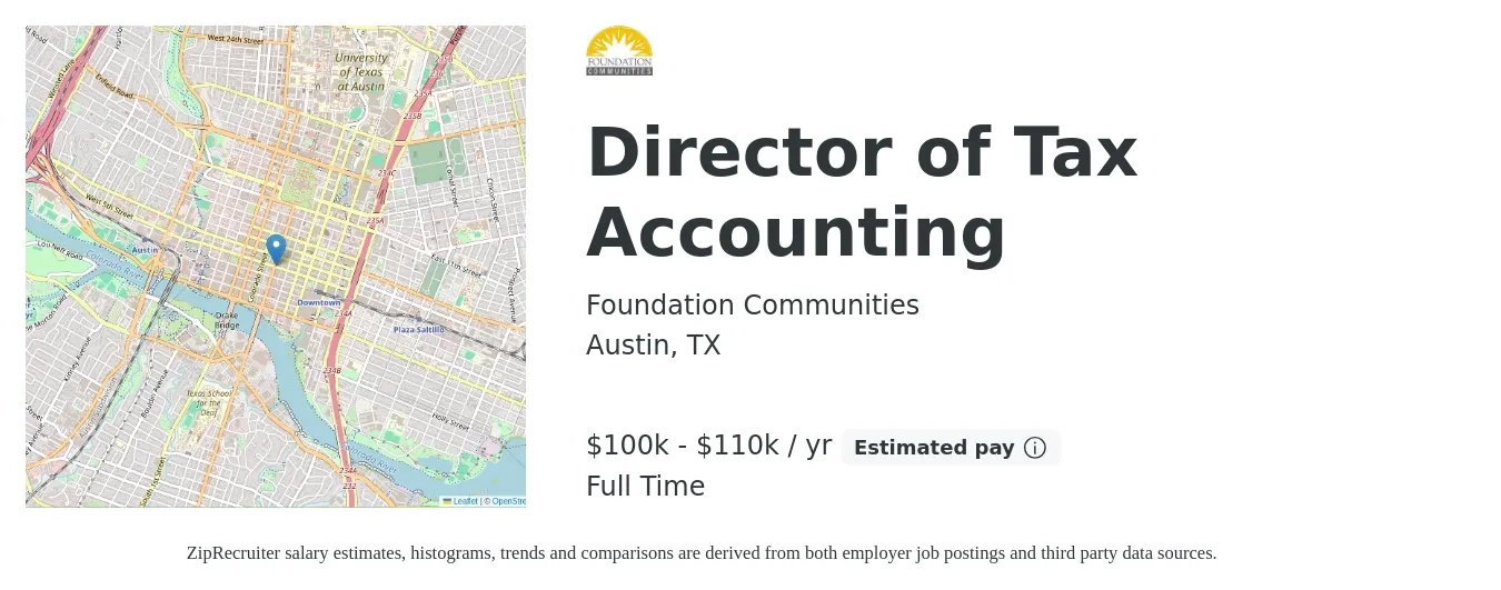 Foundation Communities job posting for a Director of Tax Accounting in Austin, TX with a salary of $100,000 to $110,000 Yearly with a map of Austin location.