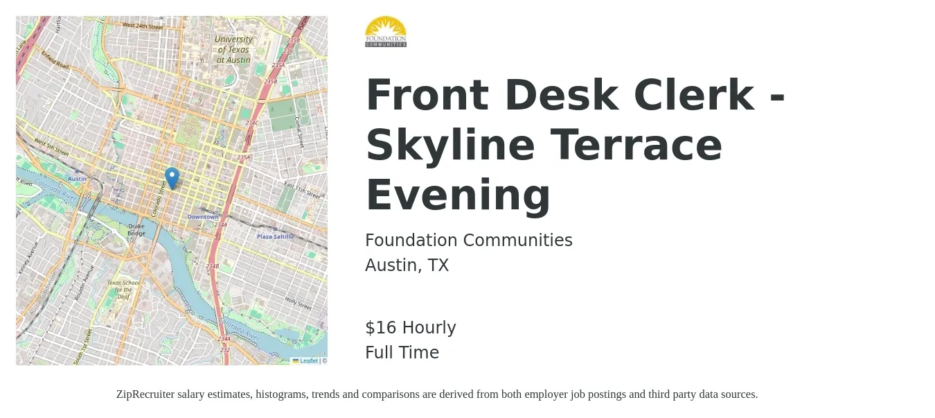 Foundation Communities job posting for a Front Desk Clerk - Skyline Terrace Evening in Austin, TX with a salary of $18 Hourly with a map of Austin location.