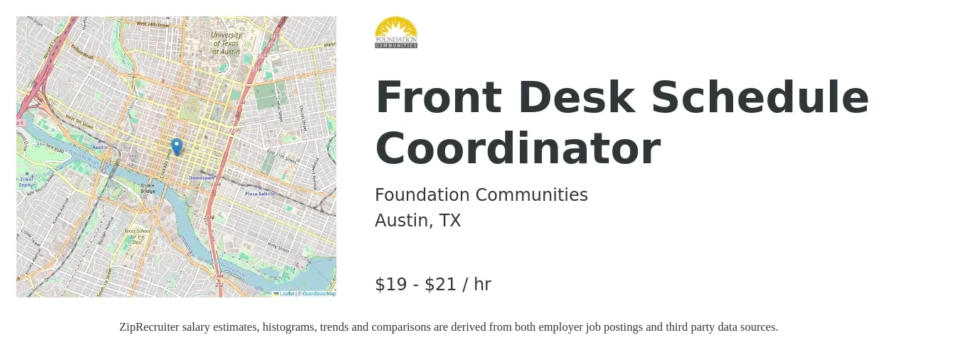 Foundation Communities job posting for a Front Desk Schedule Coordinator in Austin, TX with a salary of $20 to $22 Hourly with a map of Austin location.