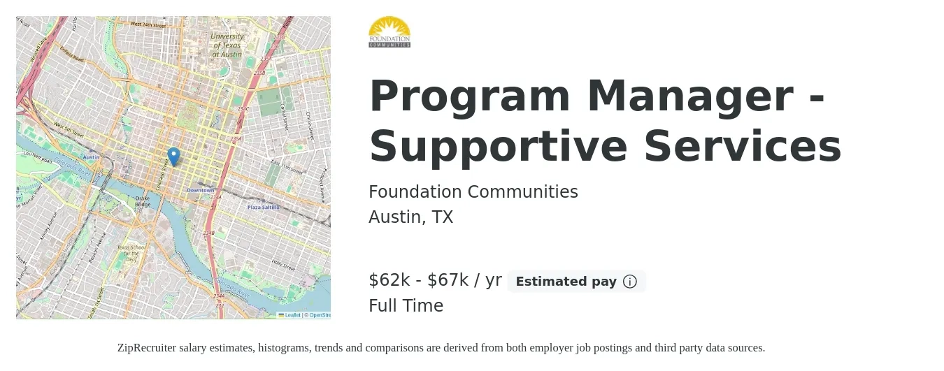 Foundation Communities job posting for a Program Manager - Supportive Services in Austin, TX with a salary of $62,000 to $67,000 Yearly with a map of Austin location.